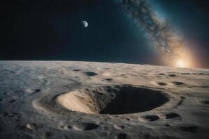 ai gegenereerd een groot krater is zichtbaar Aan de oppervlakte van een planeet met melkachtig manier in de achtergrond foto