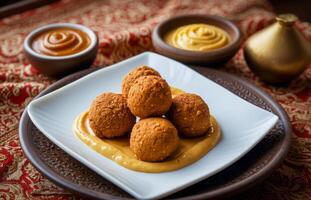 ai gegenereerd midden- oostelijk gezond plantaardig falafel voedsel, falafel ballen aan het liegen Aan een bord foto