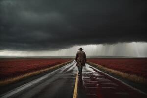 ai gegenereerd een Mens is wandelen naar beneden een weg in de regen in dramatisch het weer. een concept van eenzaamheid en depressie foto