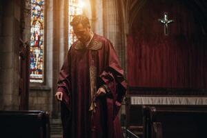 ai gegenereerd een priester in een rood gewaad staat in een kerk foto