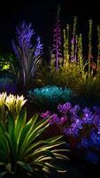 ai gegenereerd gloeiend tuinen verlichte botanisch wordt weergegeven na donker foto