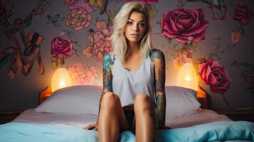 ai gegenereerd vrouw met tatoeëren Bij slaapkamer, aantrekkelijk getatoeëerd blond meisje in bed. vrouw persoon, jong vrouw mooi portret. ai gegenereerd foto