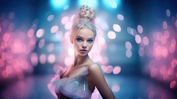 ai gegenereerd portret van ballerina in gloed neon achtergrond. ai gegenereerd. mooi vrouw danser. professioneel ballet en dans. schoonheid blond meisje, aantrekkelijk schattig Kaukasisch vrouw, mode schattig model- foto