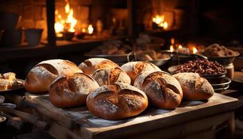 ai gegenereerd vers gebakken baguette Aan een rustiek tafel, een fijnproever genot gegenereerd door ai foto