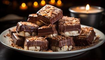 ai gegenereerd toegeeflijk fijnproever toetje donker chocola toffees Aan een klein bord gegenereerd door ai foto