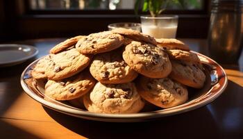 ai gegenereerd vers gebakken eigengemaakt chocola spaander koekjes Aan een rustiek houten tafel gegenereerd door ai foto