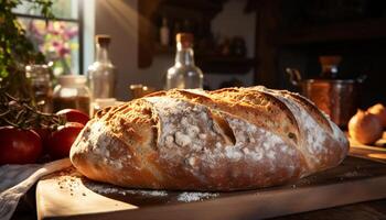 ai gegenereerd vers gebakken eigengemaakt brood Aan rustiek houten tafel, gezond en heerlijk gegenereerd door ai foto