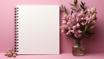 ai gegenereerd blanco papier Aan houten tafel met roze bloem decoratie gegenereerd door ai foto