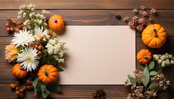 ai gegenereerd herfst decoratie pompoen, blad, bloem, kalebas, rustiek, oranje gegenereerd door ai foto