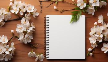 ai gegenereerd versheid van lente bloesems Aan houten tafel, natuur schoonheid gegenereerd door ai foto