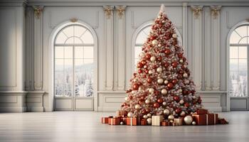 ai gegenereerd Kerstmis boom decoratie in een modern leven kamer venster gegenereerd door ai foto