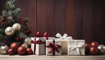 ai gegenereerd winter viering geschenk doos, glimmend ornament, versierd Kerstmis boom gegenereerd door ai foto