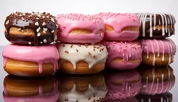 ai gegenereerd stack van kleurrijk donuts, aanlokkelijk toegeeflijkheid voor zoet viering gegenereerd door ai foto