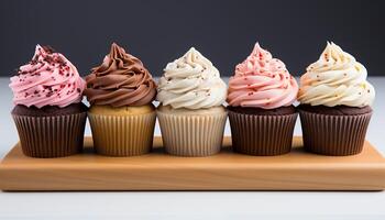 ai gegenereerd eigengemaakt fijnproever cupcakes, een zoet toegeeflijkheid voor verjaardag viering gegenereerd door ai foto