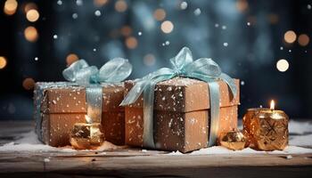 ai gegenereerd winter viering geschenk doos, kaarslicht, sneeuwvlok, Kerstmis decoratie, rustiek decor gegenereerd door ai foto