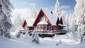 ai gegenereerd winter landschap sneeuw gedekt bergen, Woud, huisje, en vredig natuur gegenereerd door ai foto