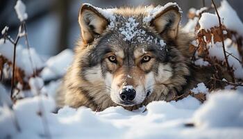 ai gegenereerd schattig grijs wolf zittend in sneeuw, op zoek Bij camera gegenereerd door ai foto