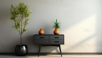 ai gegenereerd modern ontwerp met elegant bloem pot Aan houten tafel gegenereerd door ai foto