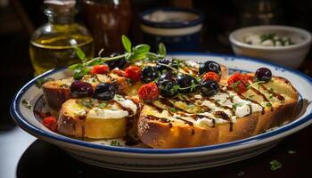 ai gegenereerd vers fijnproever salade met gegrild groenten, gezond brood voorafje gegenereerd door ai foto