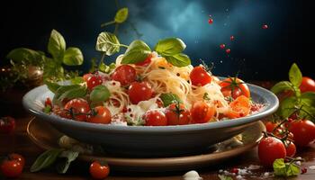 ai gegenereerd vers vegetarisch pasta salade met gezond biologisch ingrediënten en kruiden gegenereerd door ai foto
