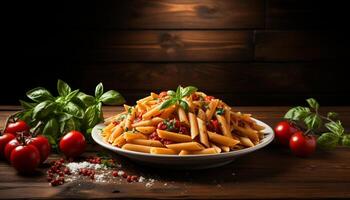 ai gegenereerd vers, gezond pasta maaltijd met tomaat, Mozzarella, en kruiden gegenereerd door ai foto