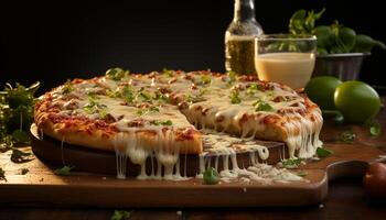 ai gegenereerd versheid en fijnproever maaltijd eigengemaakt pizza Aan rustiek houten tafel gegenereerd door ai foto