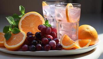 ai gegenereerd versheid van citrus fruit, gezond aan het eten, zomer Aan een tafel gegenereerd door ai foto