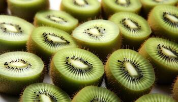 ai gegenereerd vers kiwi plak Aan groen achtergrond, een gezond en zoet tussendoortje gegenereerd door ai foto