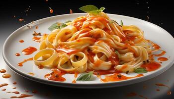 ai gegenereerd gezond aan het eten vers vegetarisch pasta, gekookt met biologisch ingrediënten gegenereerd door ai foto