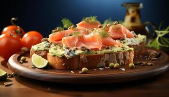 ai gegenereerd versheid Aan hout, fijnproever maaltijd gezond aan het eten, eigengemaakt broodje, groente plak gegenereerd door ai foto