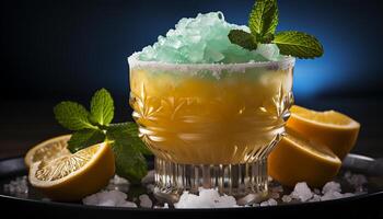 ai gegenereerd vers mojito met citrus fruit en munt blad in drinken glas gegenereerd door ai foto