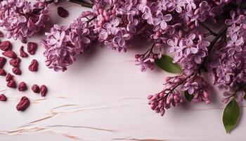 ai gegenereerd versheid van lila bloemen in een boeket brengt lente schoonheid gegenereerd door ai foto