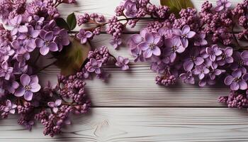 ai gegenereerd vers lila bloesems versieren de houten tafel, brengen natuur binnenshuis gegenereerd door ai foto