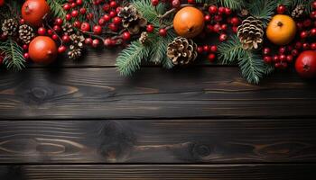 ai gegenereerd rustiek hout tafel met Kerstmis ornamenten, natuur feestelijk decoratie gegenereerd door ai foto