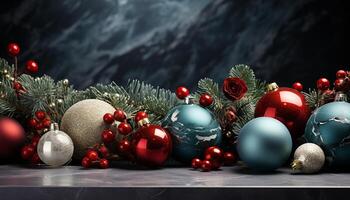 ai gegenereerd Kerstmis ornament decoratie Aan donker winter achtergrond, verlichte Spar boom gegenereerd door ai foto
