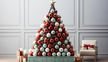 ai gegenereerd Kerstmis boom decoratie, geschenk viering in een winter achtergrond gegenereerd door ai foto