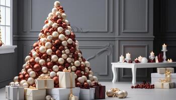 ai gegenereerd Kerstmis boom versierd met glimmend ornamenten en geschenk dozen gegenereerd door ai foto