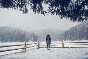 mooi meisje met een rugzak op een achtergrond van besneeuwd bos foto