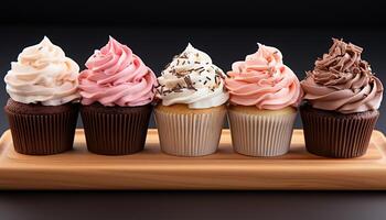 ai gegenereerd vers gebakken eigengemaakt cupcakes in divers smaken en levendig kleuren gegenereerd door ai foto