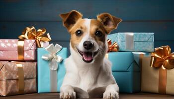 ai gegenereerd schattig puppy zitten, op zoek Bij camera, met geschenk doos gegenereerd door ai foto