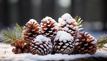 ai gegenereerd winter Woud, sneeuw gedekt bomen, pijnboom kegels, Kerstmis decoraties, vers groen gegenereerd door ai foto