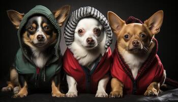 ai gegenereerd schattig puppy trio in kostuums zitten samen, op zoek Bij camera gegenereerd door ai foto