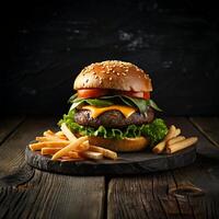 ai gegenereerd smakelijk Hamburger met Frans Patat foto
