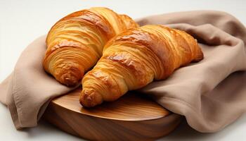 ai gegenereerd vers gebakken croissant Aan houten tafel, een zoet Frans tussendoortje gegenereerd door ai foto