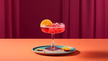 ai gegenereerd verfrissend citrus cocktail Aan rood achtergrond, perfect voor zomer viering gegenereerd door ai foto