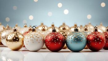 ai gegenereerd Kerstmis ornament decoratie in winter achtergrond, glimmend en dichtbij omhoog gegenereerd door ai foto
