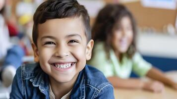 ai gegenereerd jong jongen glimlachen met achtergrond kinderen. generatief ai. foto