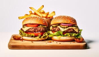 ai gegenereerd gegrild cheeseburger Aan een houten tafel, klaar naar eten en heerlijk gegenereerd door ai foto