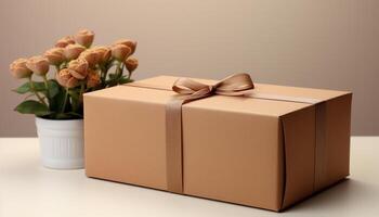 ai gegenereerd verjaardag geschenk doos met verpakt bloem, liefde kaart, en decoratie gegenereerd door ai foto