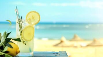 ai gegenereerd verfrissend limonade Aan strand tafel. generatief ai. foto